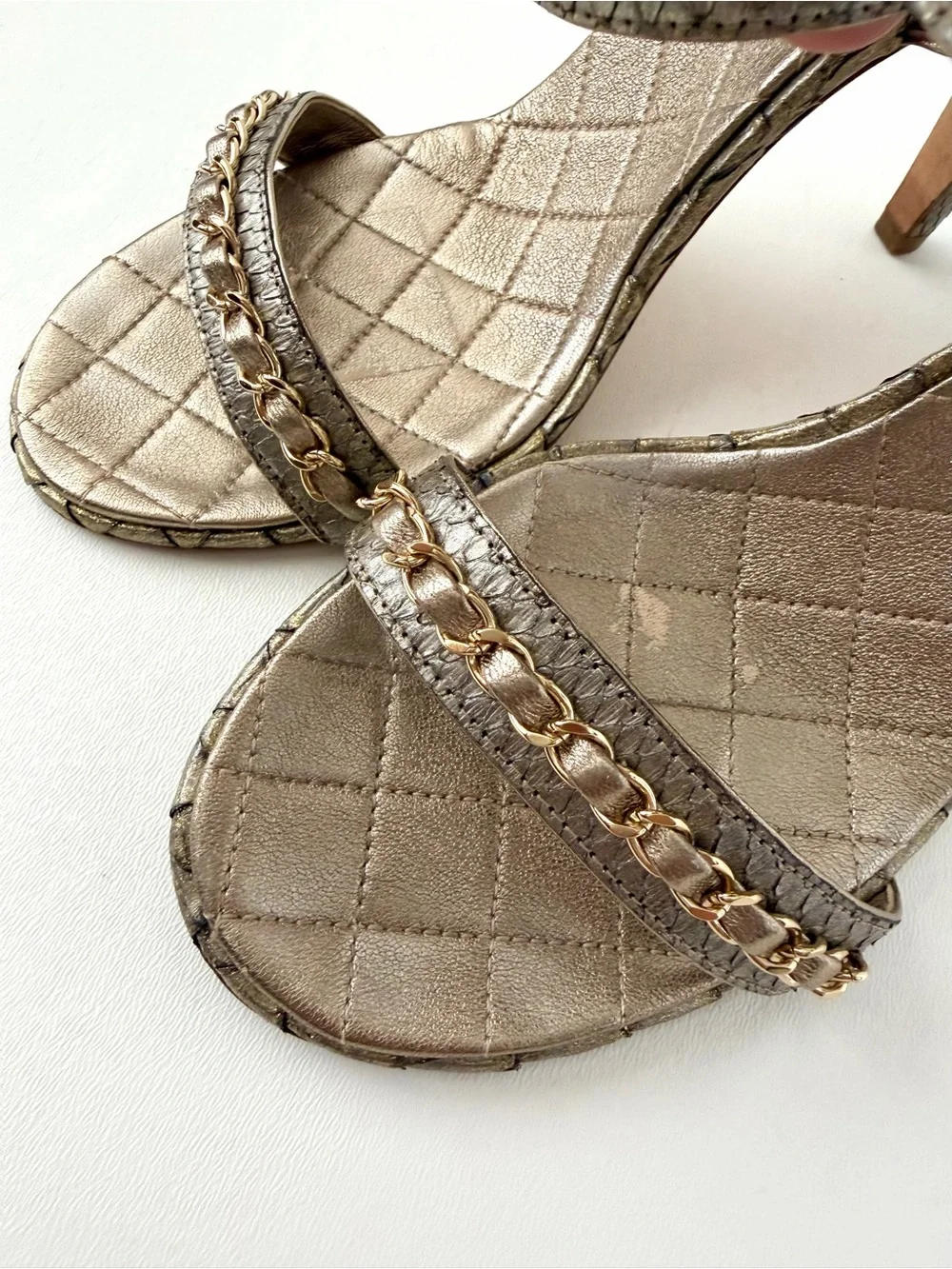 CHANEL | Gold Bronze Python CC Logo Chain Ankle Strap High Heel Sandals EU 41